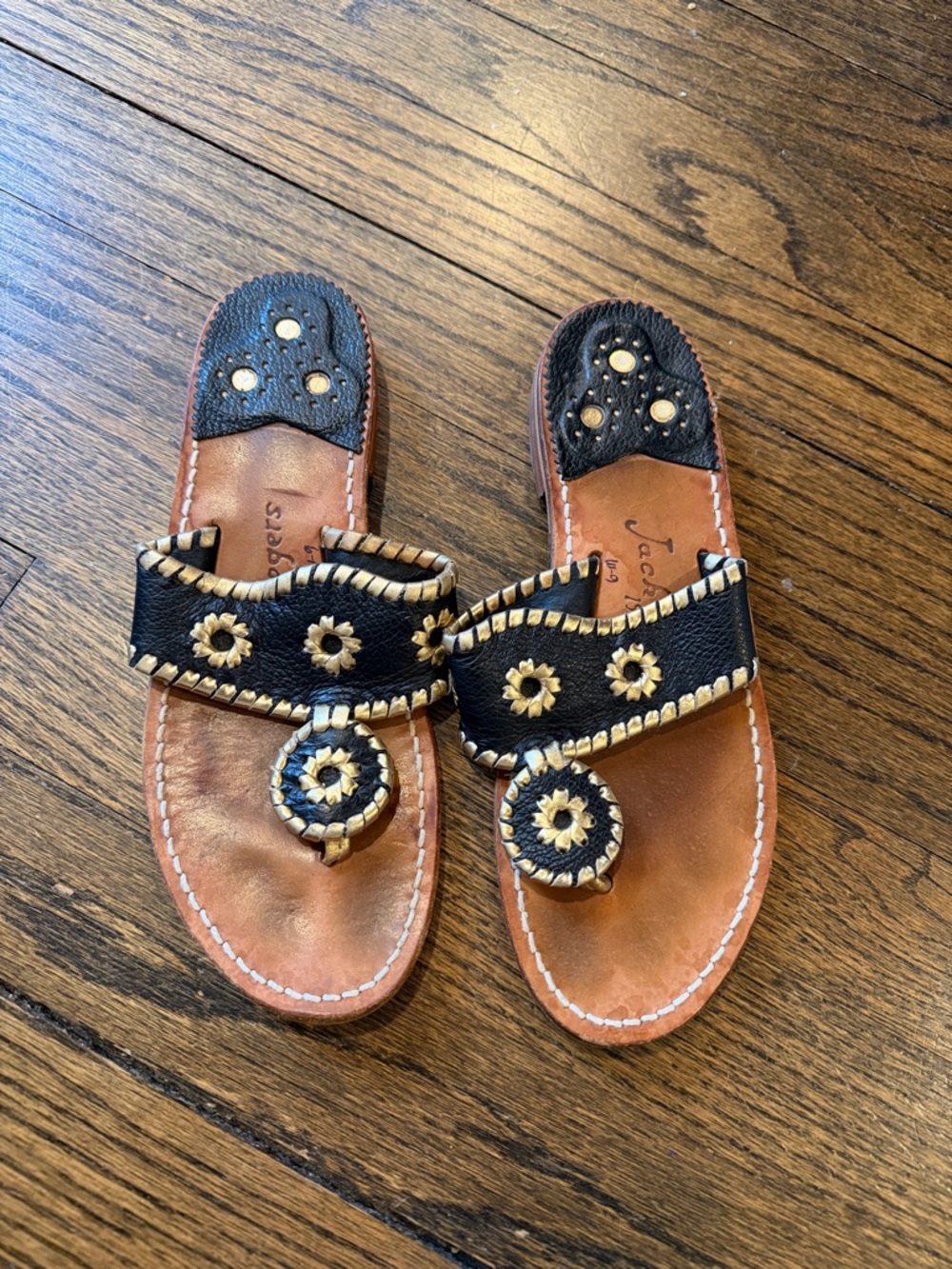 Black and Gold Jack Rogers Leather Beaded Toe-Loop Sandals
